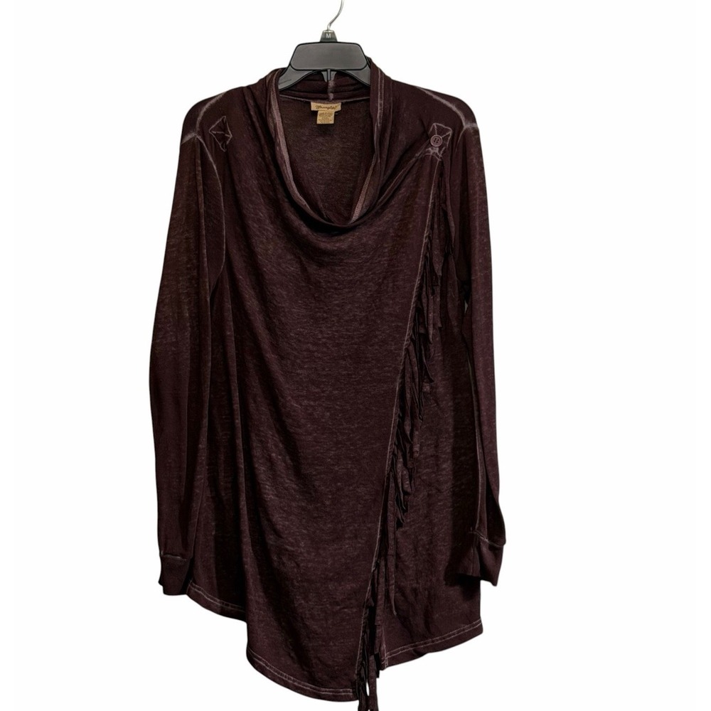 Wrangler Small Tunic Sweater Burgundy Knit Fringe Cowl Neck Festival
